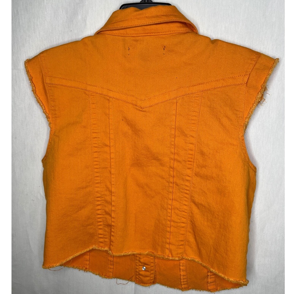 Ashley Stewart Orange Denim Vest Women's Sz 12 Frayed Hem Sleeveless Jean Jacket - Picture 3 of 4